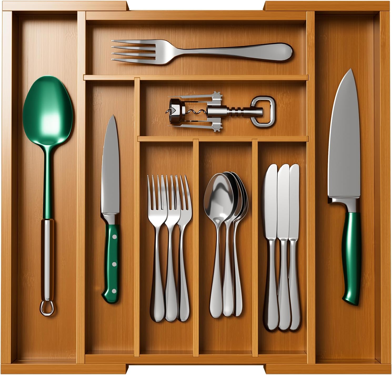 Pipishell Bamboo Expandable Drawer Organizer - Adjustable Utensil Holder & Cutlery Tray | M-Brown