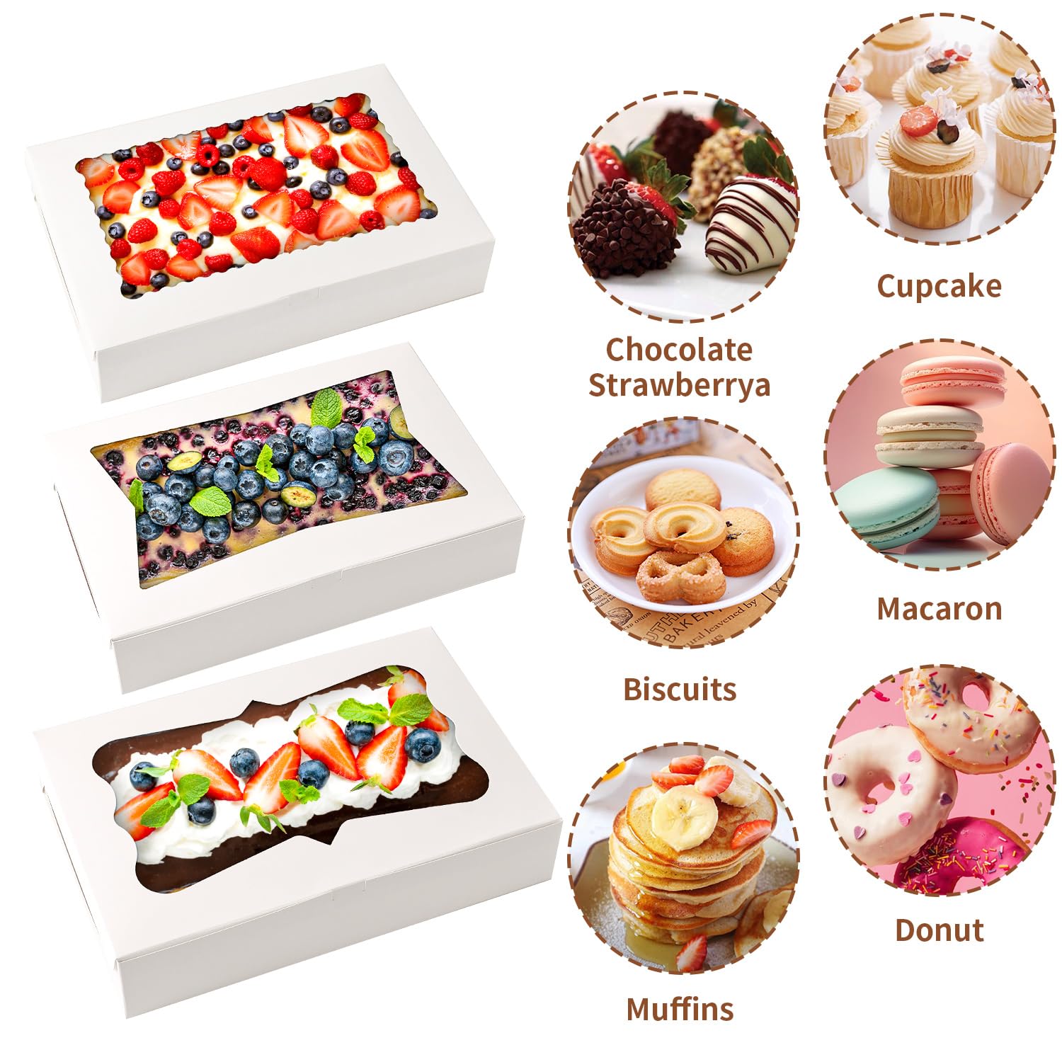 PFAMKEER 12pcs12x8x2.5 Inches Bakery Boxes,Cookie Boxes with 3Style for Window Bread,Treat，Chocolate,Strawberries,Dessert,Cakes,Donuts,Muffins,pastry