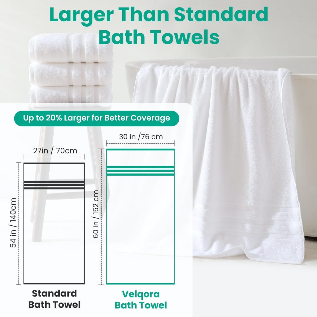 Velqora Bath Towels 4 Pack, Large 30 x 60 Inches, 100% Cotton Towels, Balanced Weight, Soft and Absorbent for Bathroom, (White)