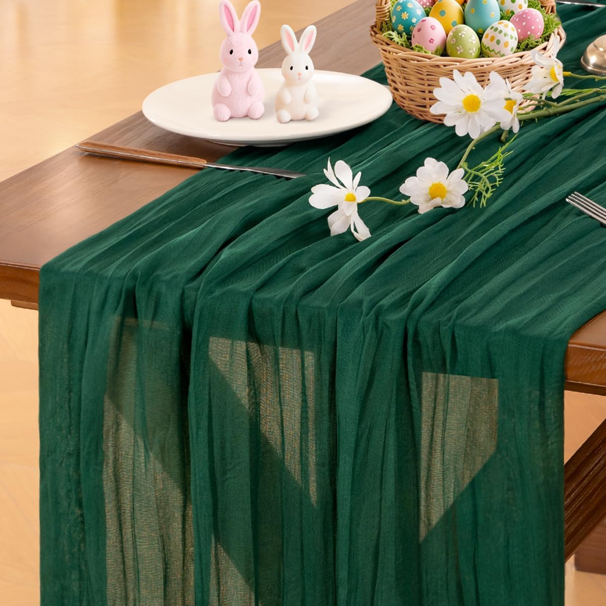 Socomi Emerald Green Cheesecloth Table Runner - 120 Inch Rustic Boho Decor for Weddings & Events