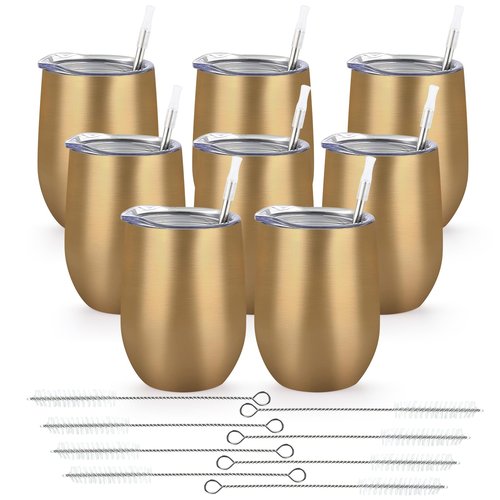 Lifecapido 8 Pack 12oz Stainless Steel Wine Tumblers, Insulated Wine Tumbler, Double Wall Insulated Wine Glass, Stainless Steel Stemless Wine Cups with Lids for Coffee, Wine, Champaign, Gold