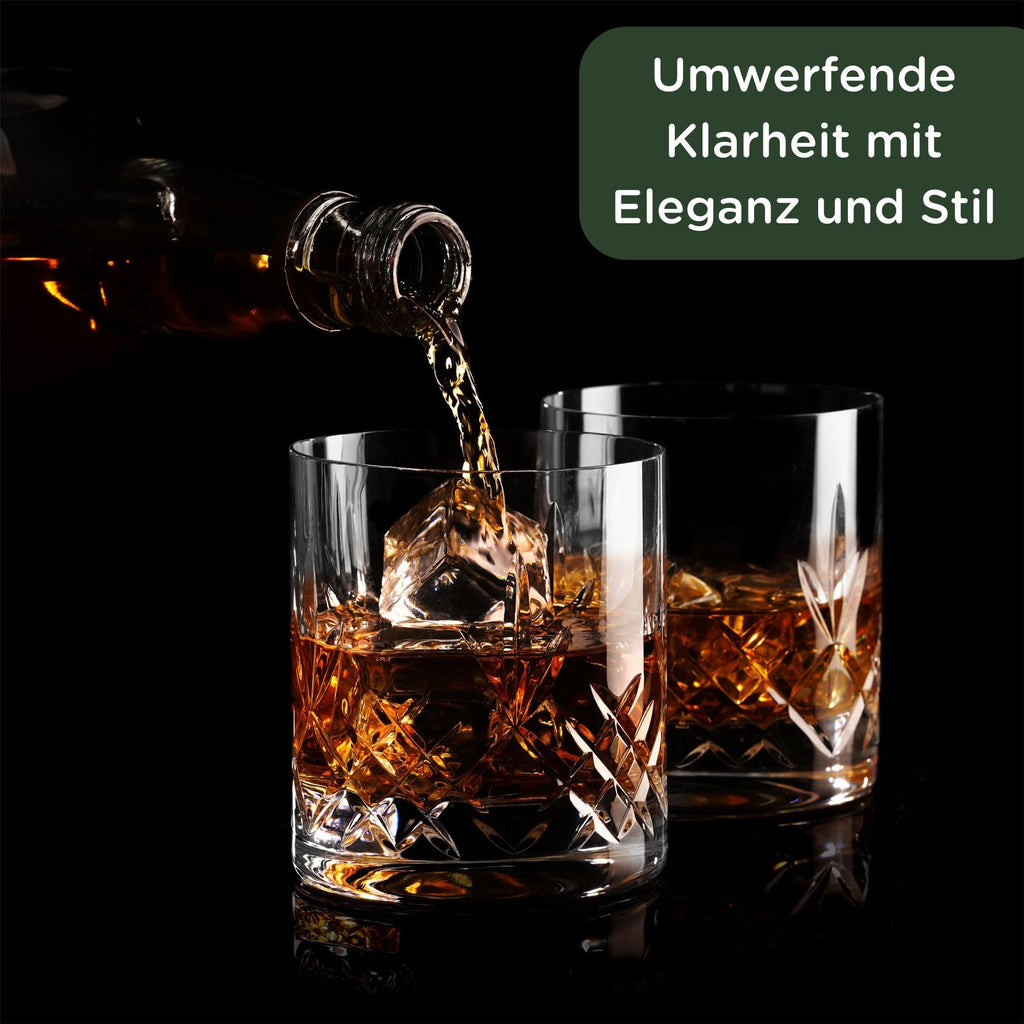 Hemswell Crystal Whisky Glasses Set of 2 11oz - Luxury Cut Glass Whiskey Rock Tumblers for Men - Old Fashioned Glassware Sets for Bourbon and Whisky with Solid Base - Satin Lined Box - Wicklow