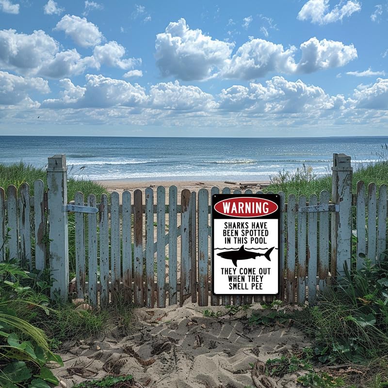 Funny Shark Warning Pool Sign - 8x12 Inch Metal Swimming Pool Decor