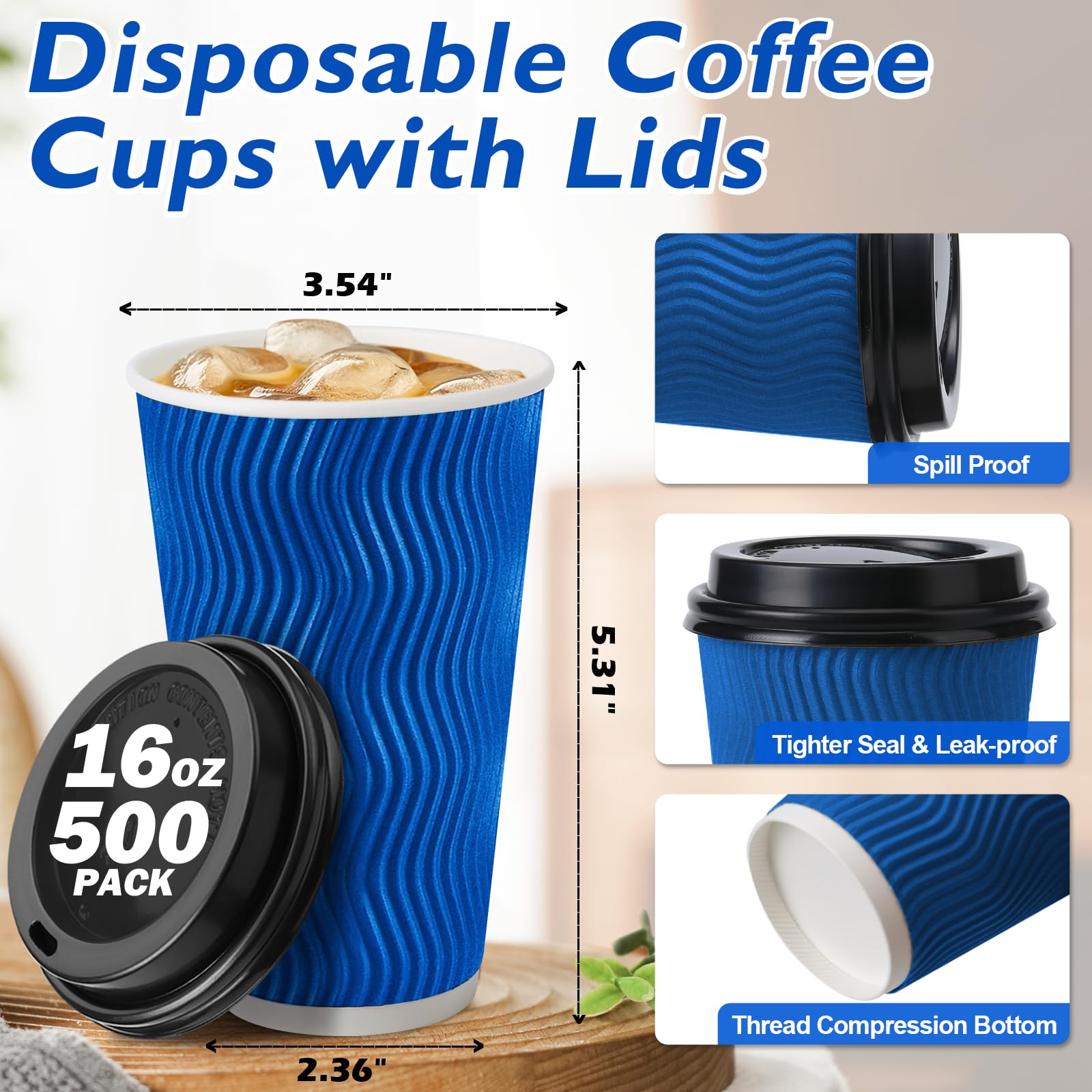 Huifany Disposable Coffee Cups with Lids 16 oz, To Go Paper Coffee Cups with Lids, Insulated Paper Cups for Hot or Cold Beverages (Navy, 500Pack)