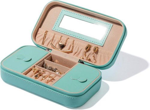 BINO Jewelry Case - Portable Compact Organizer with Mirror | Stylish Aqua Travel Box for Earrings, Rings & Necklaces