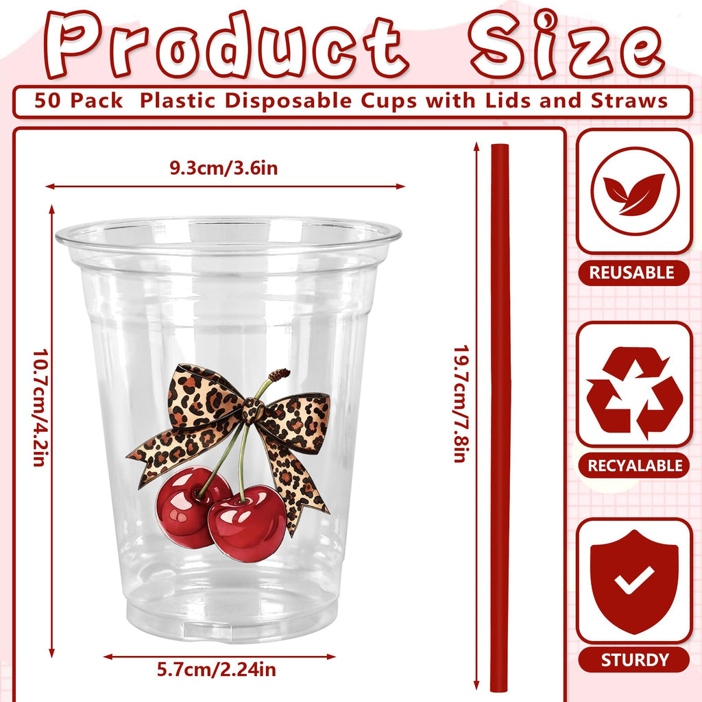 JarThenaAMCS 50Pcs Leopard Cherry Plastic Cups with Lids Straws Disposable Cups 12oz Cheetah Print Red Cherry Drinking Cup for Bride Shower Girls Night Bachelorette Party