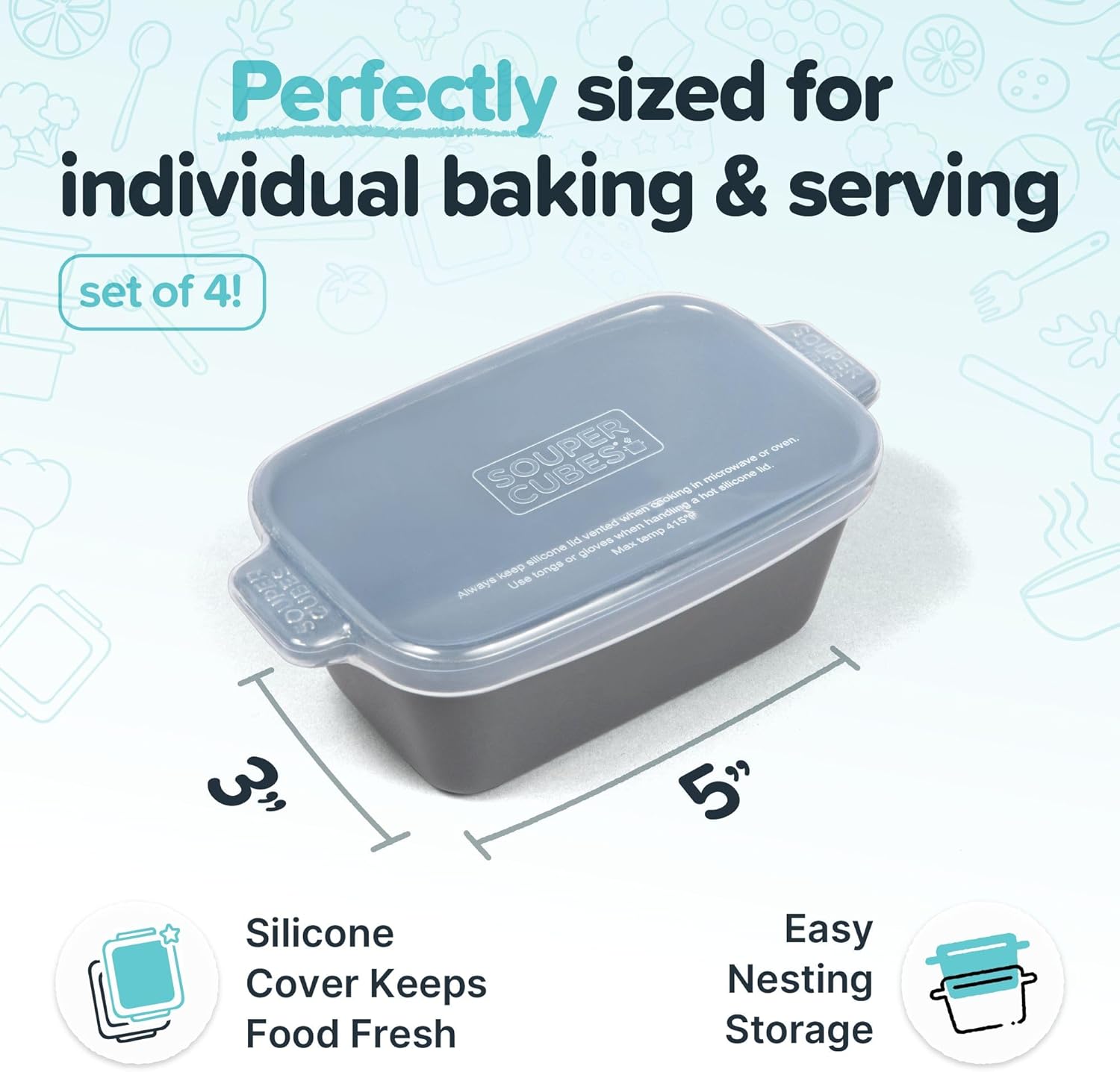 Souper Cubes Stoneware - Small 5" x 3" Ceramic Baking Dish Set with Silicone Covers | Ideal for Reheating Single Servings - Charcoal