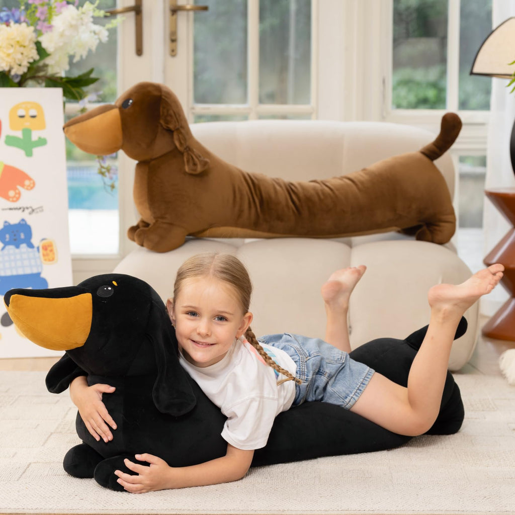 MorisMos Dachshund Stuffed Animal Plush 4ft, 43'' Long Weiner Dog Body Pillow for Kids Adults, Lifelike Weiner Dog Toy Designed in NYC, Realistic Black Dachshund Gift for Girl Boy Toddler Women