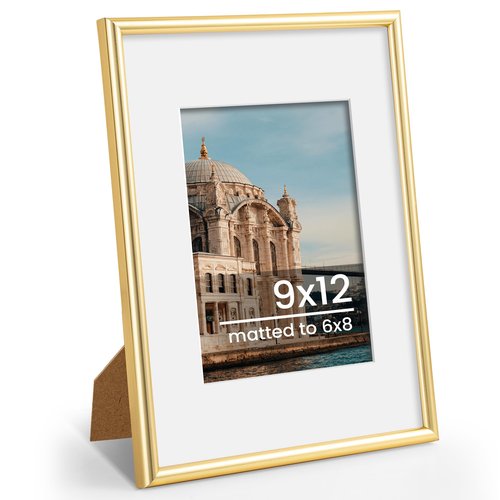 FLYJOE 9x12 Picture Frame, Display Pictures 6x8 with Mat or 9x12 Without Mat, Wall and Tabletop Display Photo Frame, Gold, 1 Pack