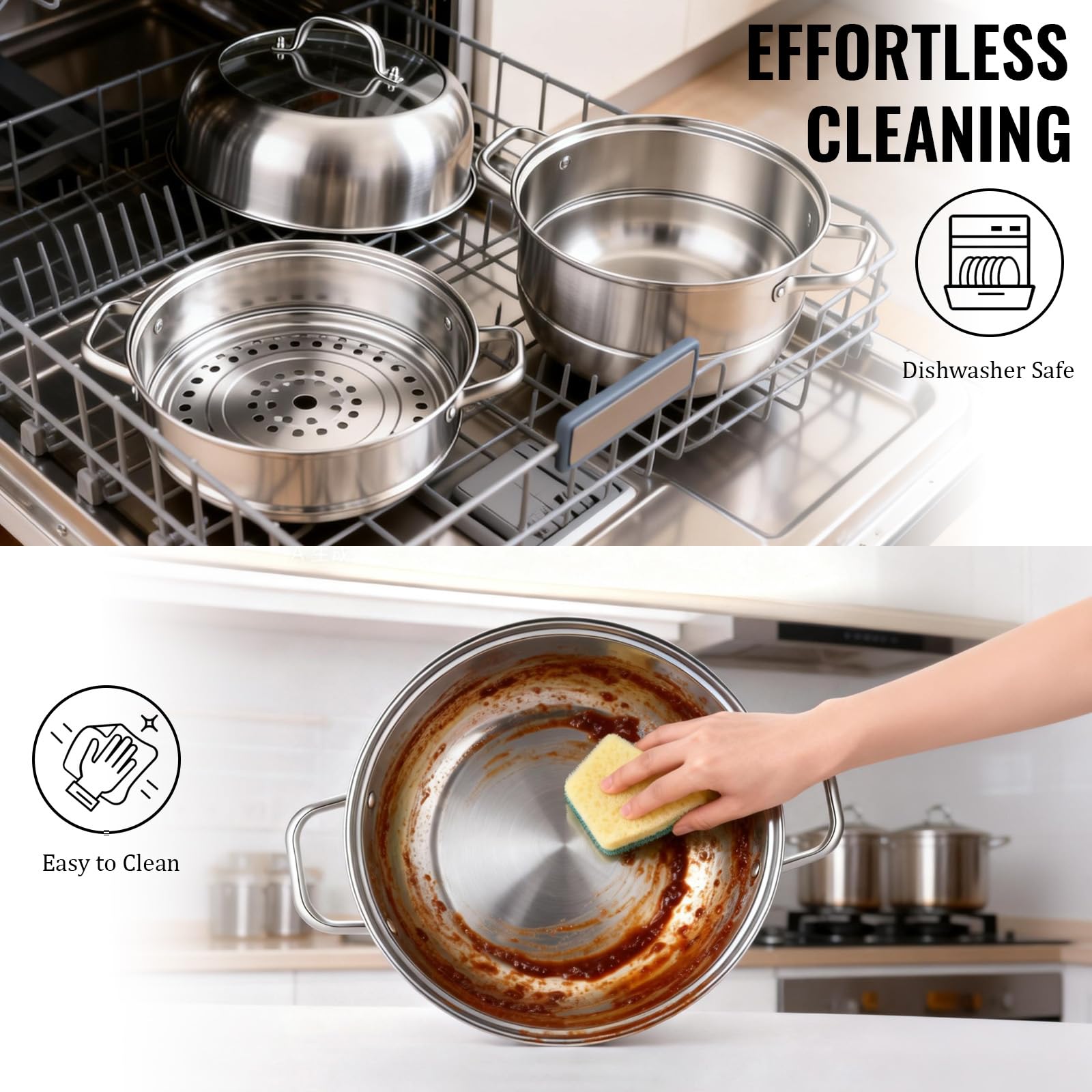 2-Tier Stainless Steel Induction Steamer Pot (30cm/11.8Inch) - Large Food Steamer for Dumplings, Buns & Dim Sum - Dishwasher Safe with Even Heat Distribution