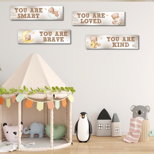 Bear Nursery Wall Decor,Wooden Bear Wall Art for Baby Boy,4PCS Cute Boy Room Decor for Nursery Themes Bathroom Living Room Classroom Home Decoration,Perfect Gifts for Birthday Baby Shower