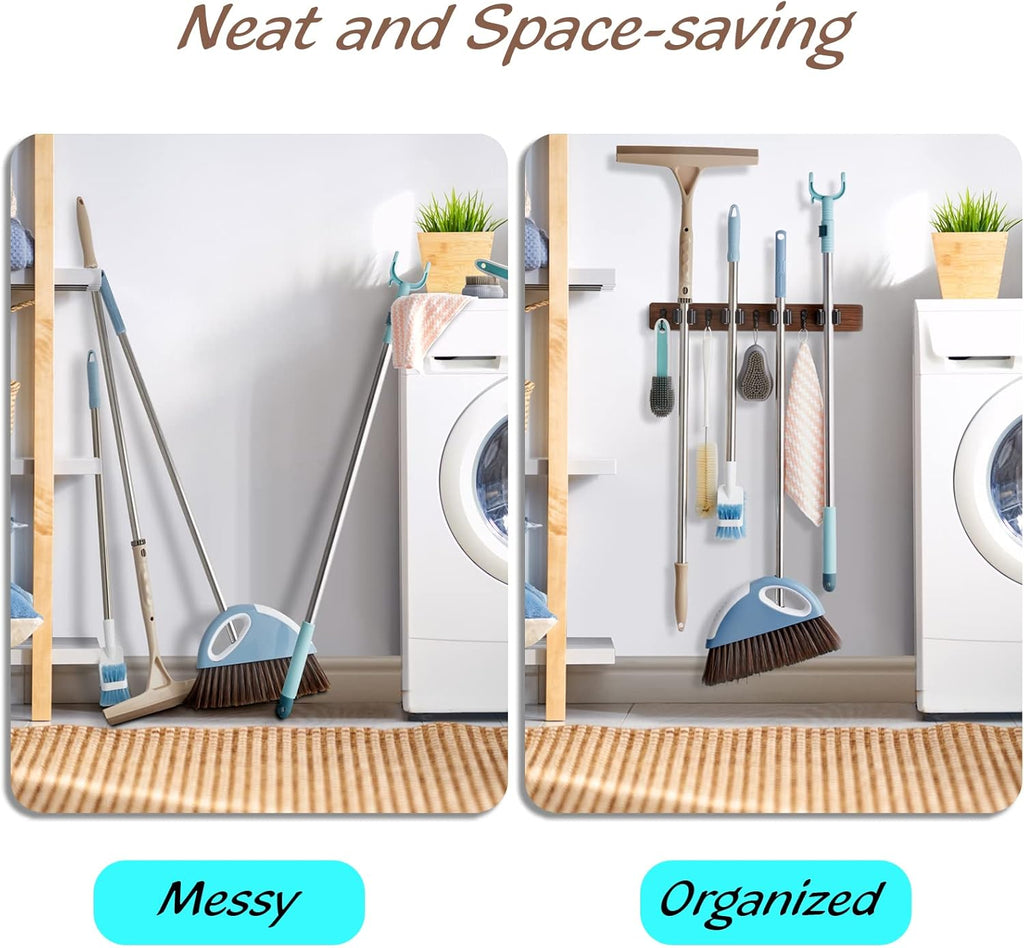 OUTNILI Wall-Mounted Broom Holder & Coat Rack - Space-Saving Organizer Bundle
