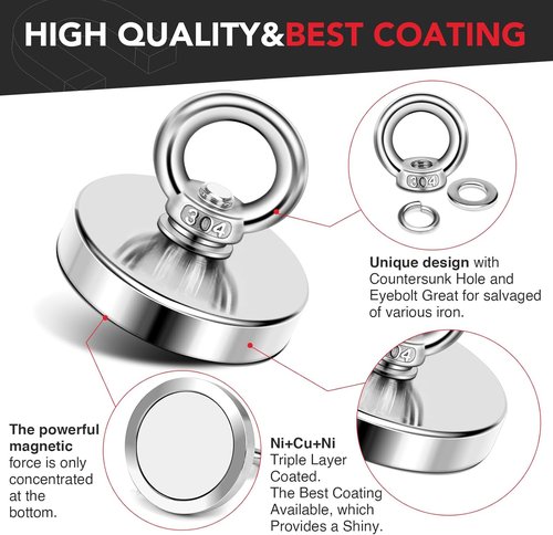 DIYMAG Neodymium Fishing Magnet - 350 Lbs Pulling Force with Countersunk Hole | 1.97 Inch Diameter for River Retrieval