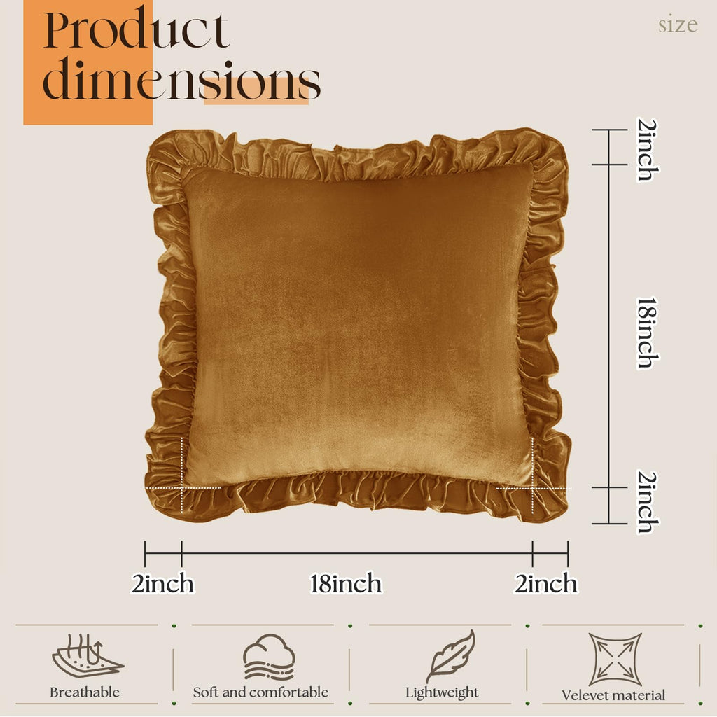 KKJIAF Gold Velvet Throw Pillow Covers 18 x 18 Inch Set of 2, Ruffle Euro Pillow Shams Velvet Square Pillow Case for Sofa Bedroom Couch Decorative