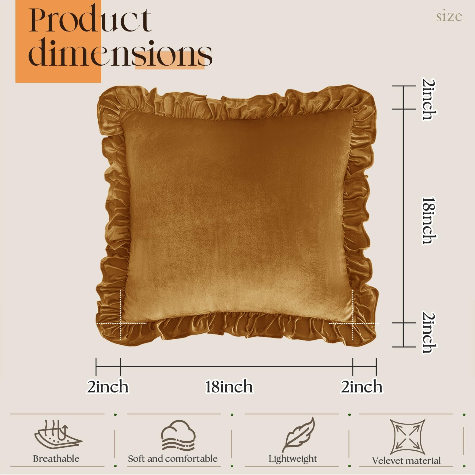 KKJIAF Gold Velvet Throw Pillow Covers 18 x 18 Inch Set of 2, Ruffle Euro Pillow Shams Velvet Square Pillow Case for Sofa Bedroom Couch Decorative