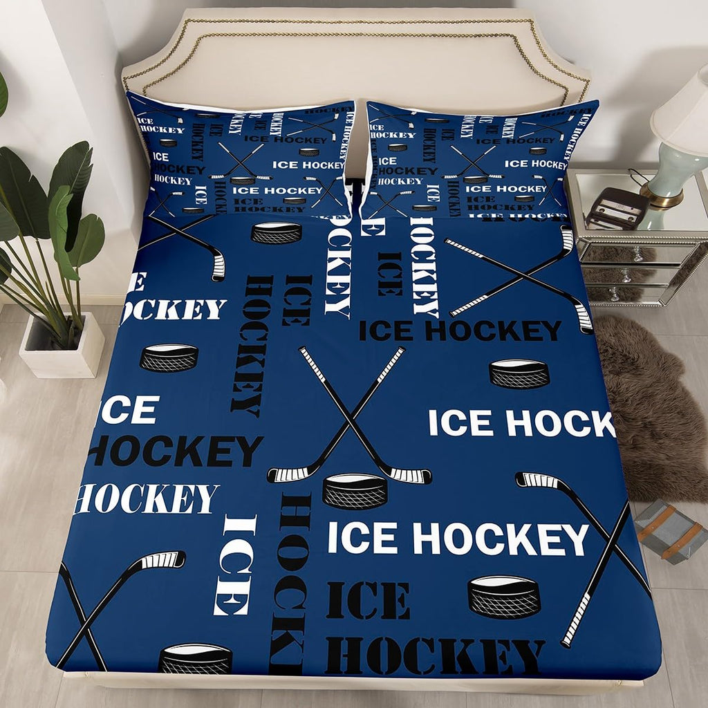 Feelyou Boys Ice Hockey Bed Sheets Twin Size Sports Hockey Pucks Print Sheets Set for Kids Teens Girls Ball Gamer Decorations Bedding Set Blue Fitted Sheet Set Bedroom All Season 1 Pillowcase