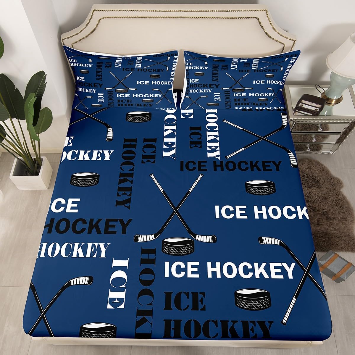 Feelyou Boys Ice Hockey Bed Sheets Twin Size Sports Hockey Pucks Print Sheets Set for Kids Teens Girls Ball Gamer Decorations Bedding Set Blue Fitted Sheet Set Bedroom All Season 1 Pillowcase