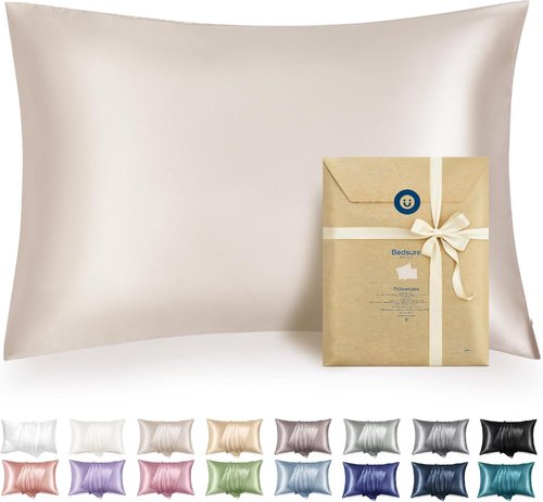 Bedsure Satin Pillowcase - Silky Soft Zippered Pillow Covers | 2-Pack Standard Size, Beige 20x26 Inches