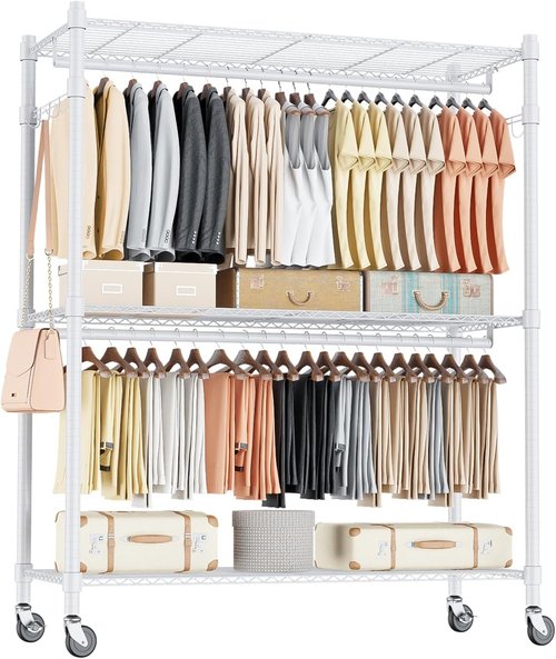 Homdox 3-Tier Garment Rack - Portable Heavy-Duty Closet Organizer with Wheels & Double Hanger Rods | White