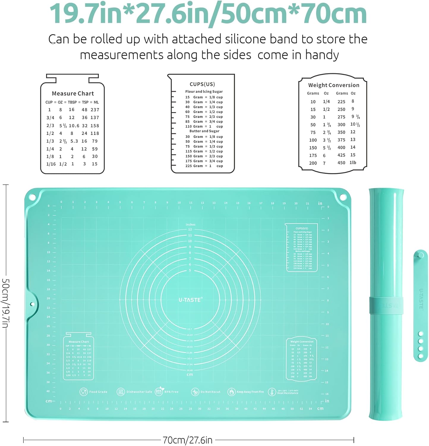 U-Taste Large Pastry Mat 28"x20" - Food-Grade Silicone, Non-Stick, Non-Slip with Clear Measurements (Aqua Sky)