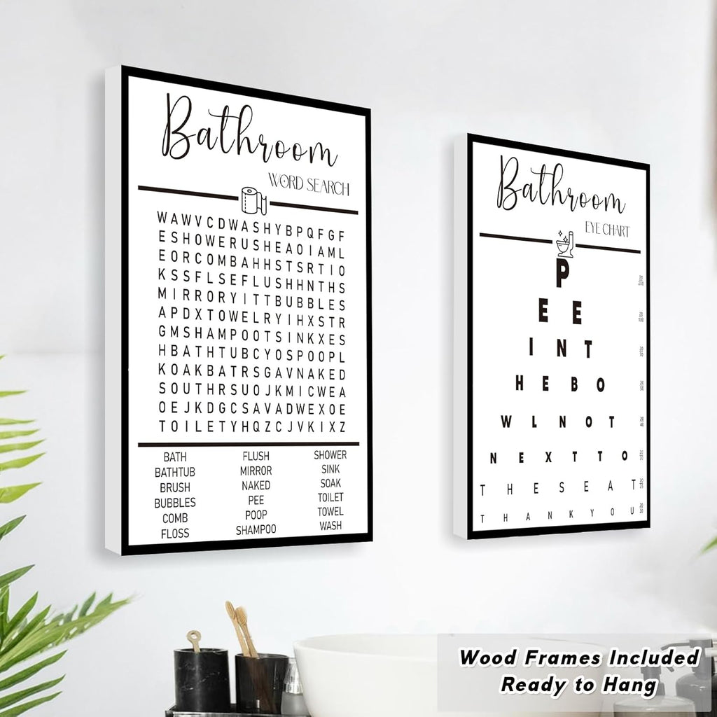 Skiennix Framed Funny Bathroom Wall Art - Black & White Word Search Pee Eye Chart | 12x16 Inches, Set of 3
