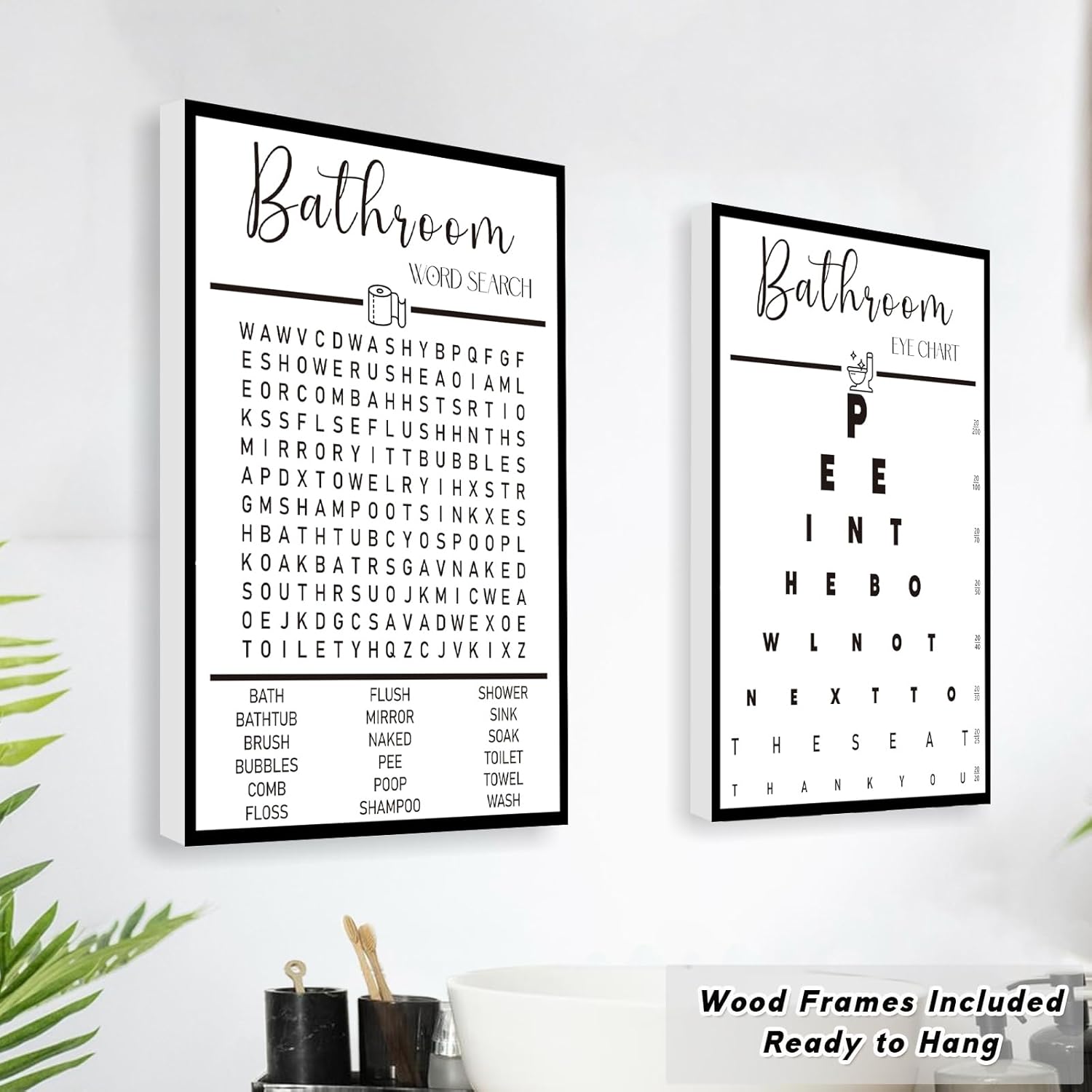 Skiennix Framed Funny Bathroom Wall Art - Black & White Word Search Pee Eye Chart | 12x16 Inches, Set of 3