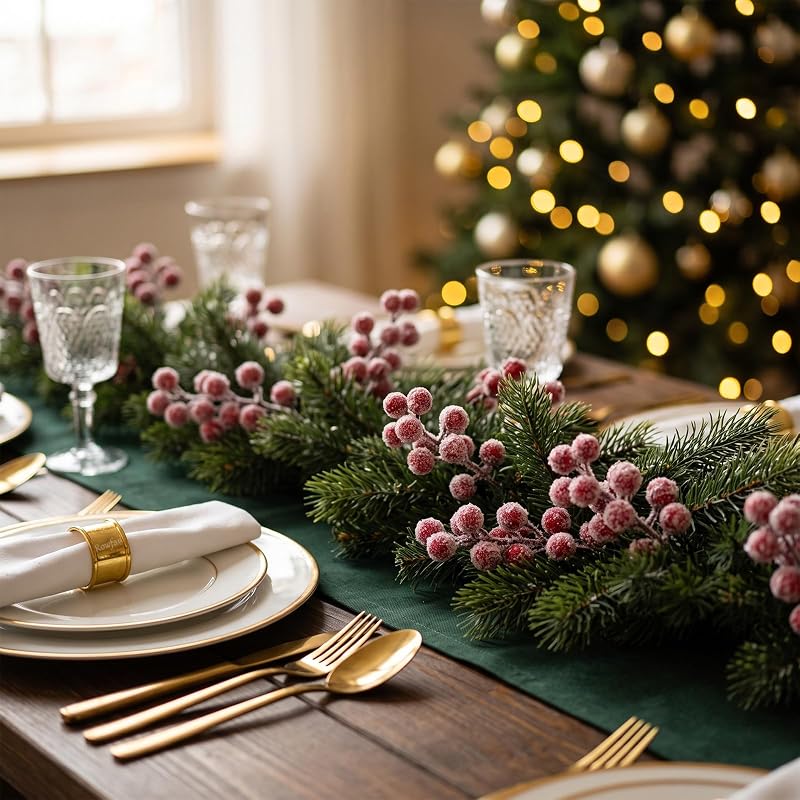 40 Pcs Snowy Red Berry Stems - Christmas Floral Picks with White Snow Frost (Variation: Red&White+40)