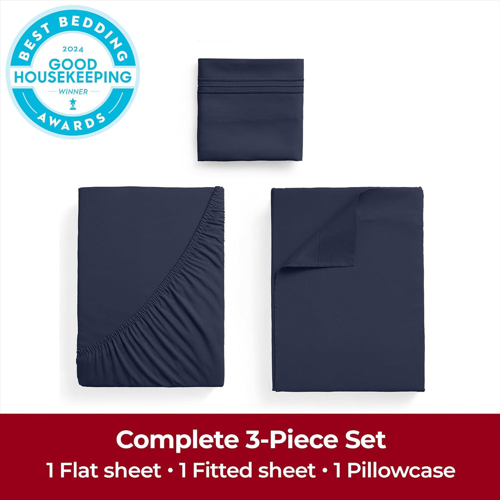 Mellanni Twin Sheets Set - 3 PC Hotel Luxury Bedding | Extra Soft, Cooling, Wrinkle-Resistant (Navy Blue)
