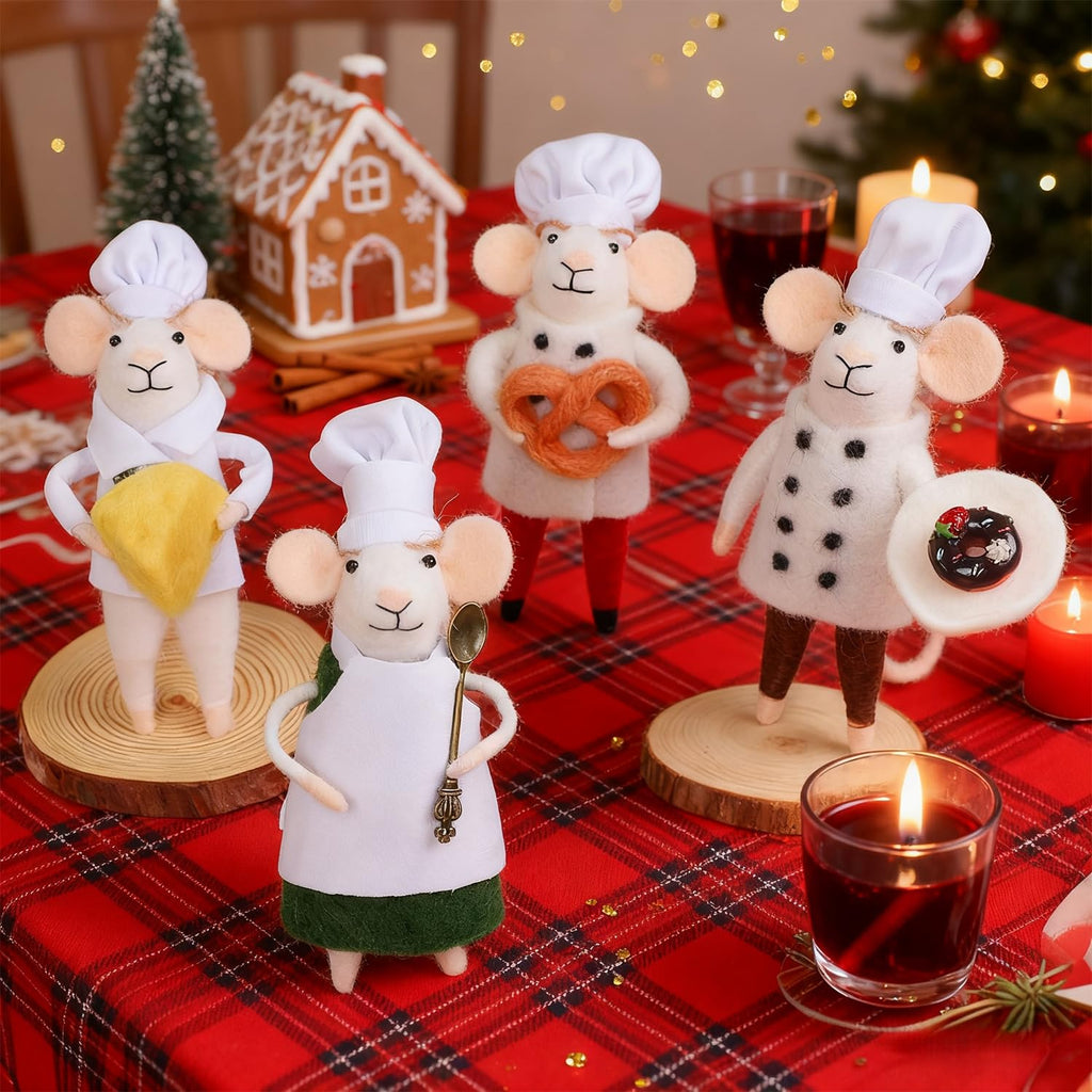 Watereem Set of 4 Christmas Felt Mouse Ornaments, 5.5" Mini Chef & Waiter Mice for Christmas Tree Wreath Hanging, Wool Xmas Tabletop Decor, Animal Crafts for Holiday Easter Gifts Party Supply