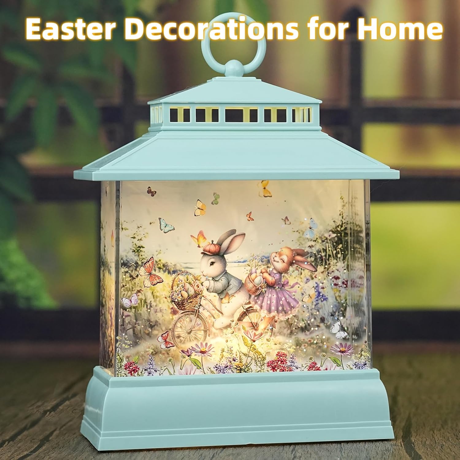 Skiennix Easter Snow Globe Lantern - Light-Up Bunny & Egg Decor with Timer | Glitter Spring Tabletop Decoration