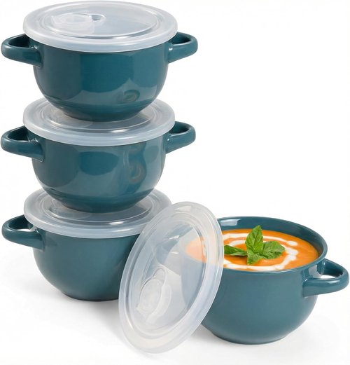 KooK French Onion Soup Bowls - Oven Safe Ceramic Crocks | Set of 4, 18 oz, Teal Color