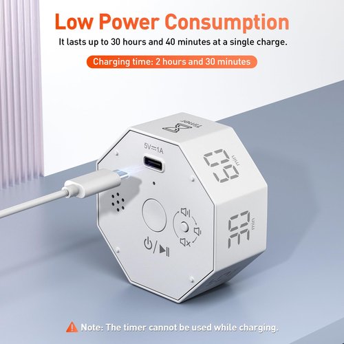 Secura Pomodoro Timer, Rotating Cube Time Tracker, Flip Gravity Sensor with 7 Presets, Visual Progress Bar for ADHD, Kids, Tasks, Work, Study (White)