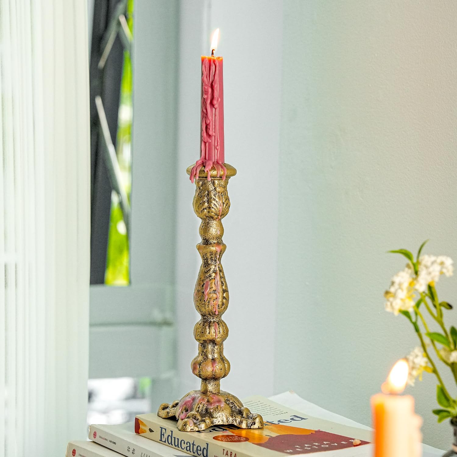 Sungmor Vintage Gold Cast Iron Candle Holder - 8.7" Tall Rustic Taper Stand for Home Décor | Antique-Style Centerpiece