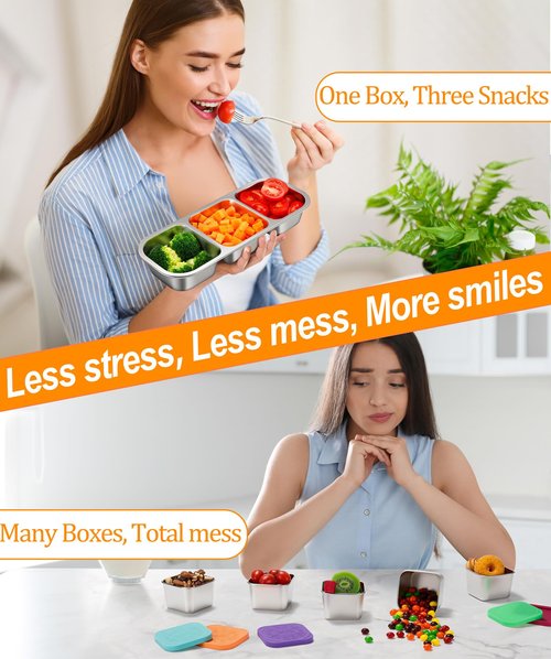 KTKUDY 3 Pack Stainless Steel Snack Containers for Kids & Adults - Leak-Proof 3-Compartment Stackable Snack Lunch Boxes for Daycare, School, Work & Travel