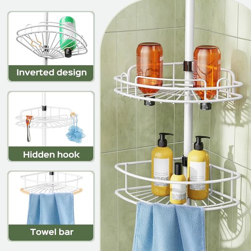 HAMITOR Corner Shower Caddy - Rustproof Tension Pole Organizer for Shampoo & Accessories | 47-121 Inch - White