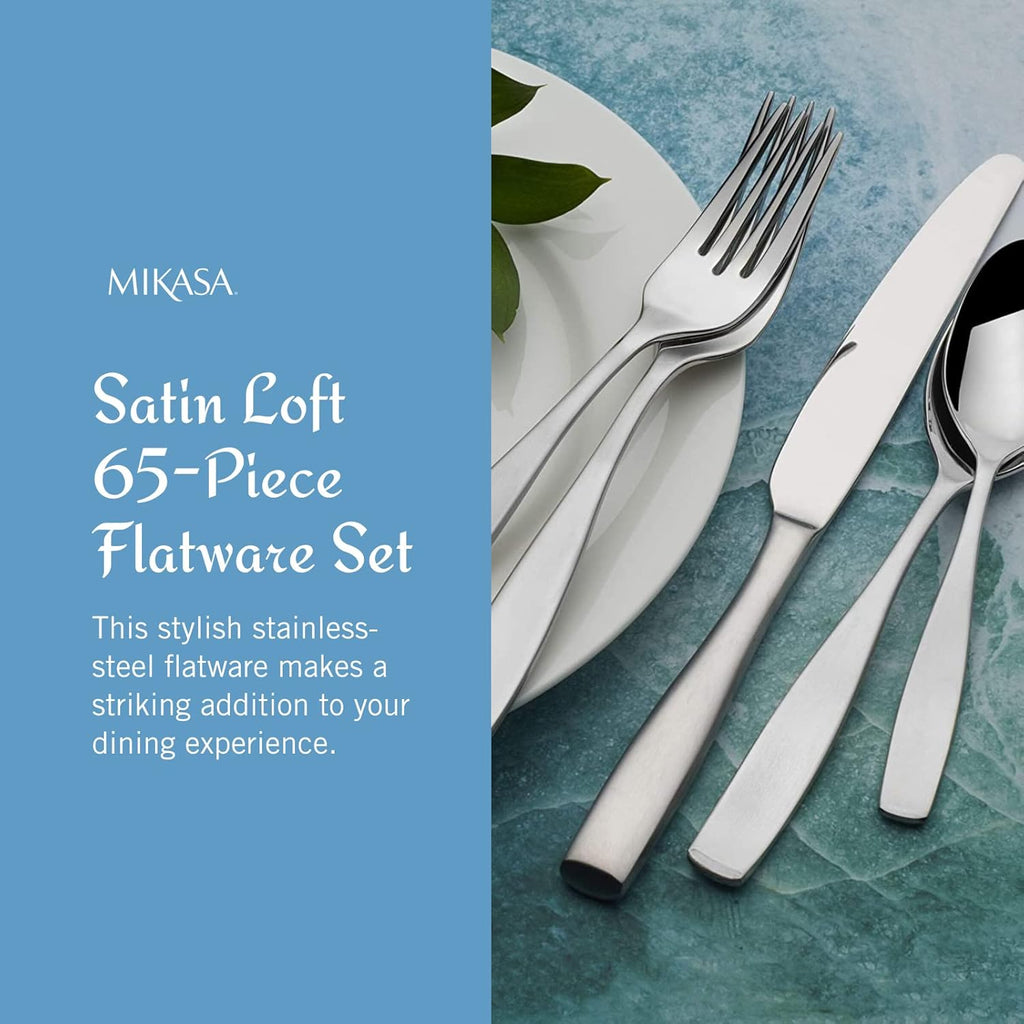 Mikasa Satin Loft 65-Piece Flatware Set - Elegant 18/10 Stainless Steel Silverware for 12 | Durable Forks, Knives & Spoons