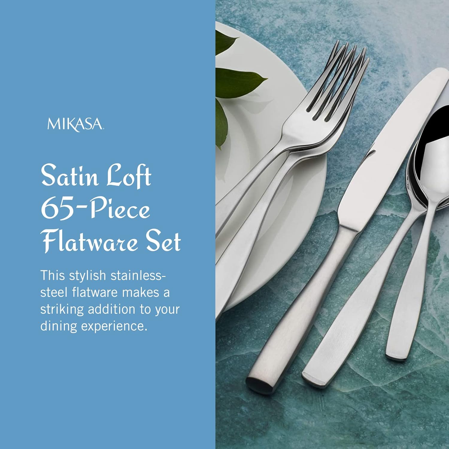 Mikasa Satin Loft 65-Piece Flatware Set - Elegant 18/10 Stainless Steel Silverware for 12 | Durable Forks, Knives & Spoons