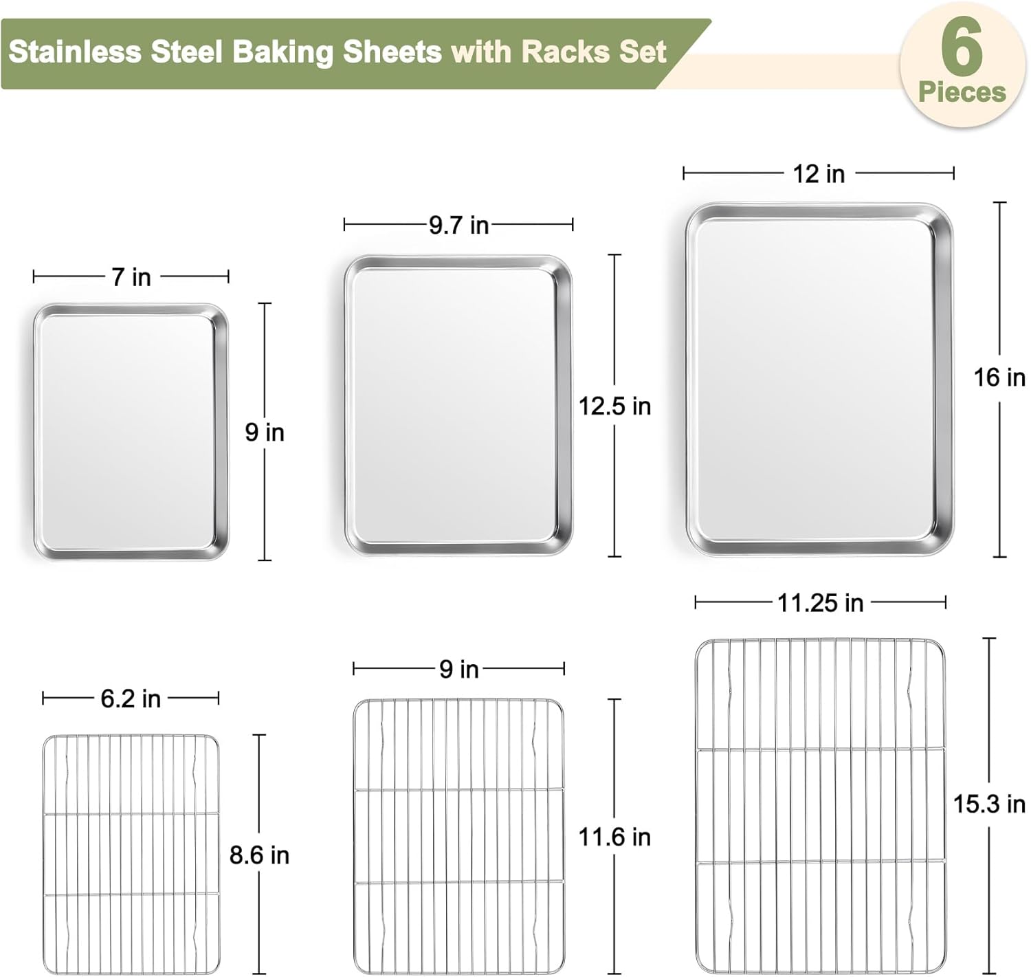 TeamFar Baking Sheet Set - 3 Stainless Steel Cookie Sheets with Racks | Non-Toxic, Heavy Duty, Dishwasher Safe, 16/12.5/9 Inch