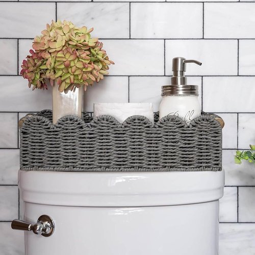 CubesLand Scalloped Edge Toilet Paper Storage Basket - Cozy Home Decor with 2 Wooden Handles | Grey