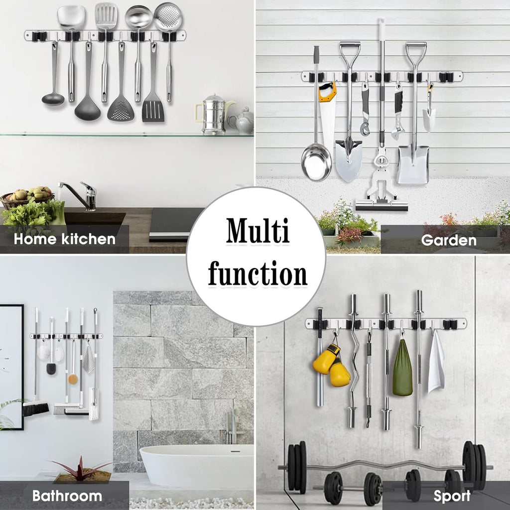 Skiennix Wall-Mounted Broom and Mop Holder - Heavy-Duty 5 Racks & 4 Hooks | Black Stainless Steel Organizer