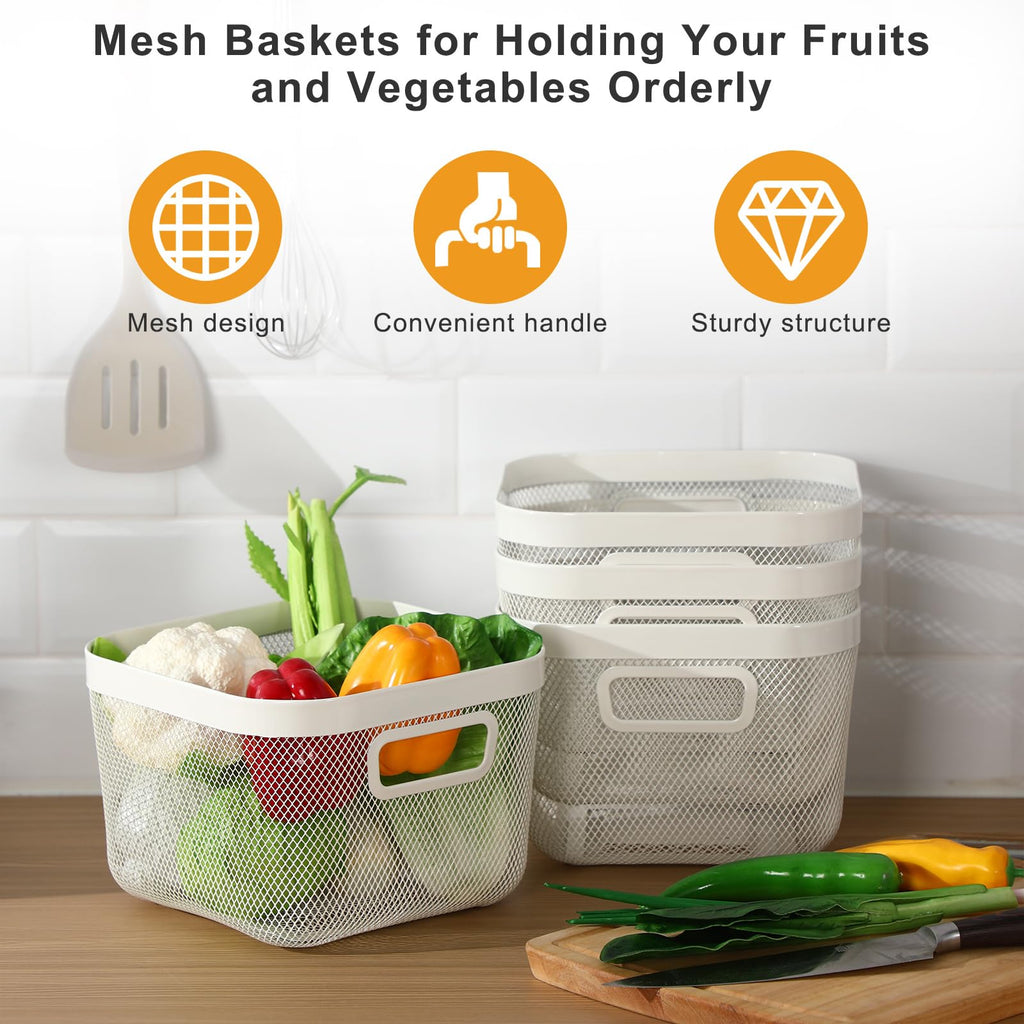 MorningRo 4 Pack Metal Mesh Basket with Hollow Handles White Wire Storage Bin for Organizing Stackable Metal Fine Mesh Basket for Pantry Bathroom Kitchen Cabinets Shelves (Medium)