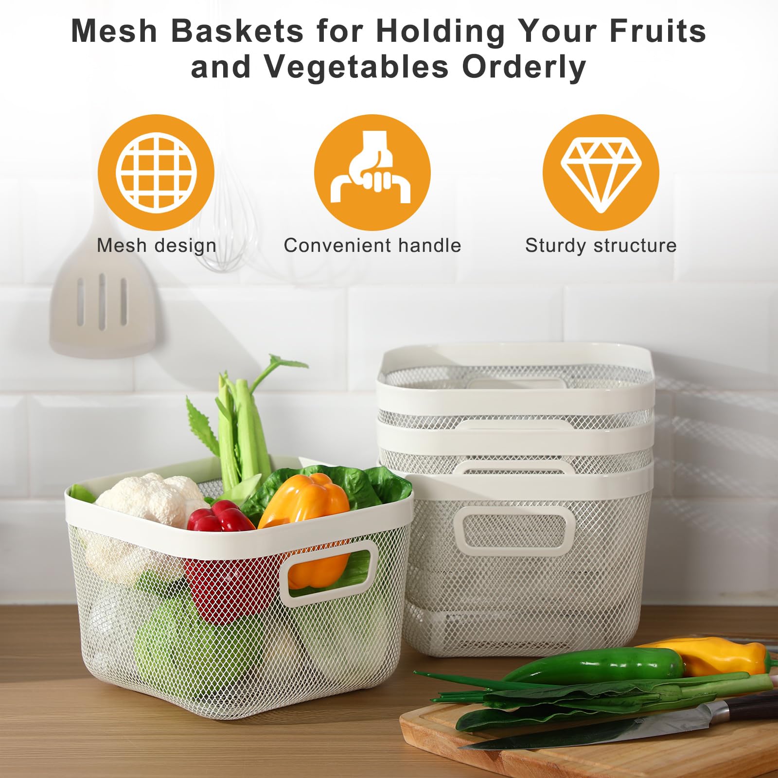 MorningRo 4 Pack Metal Mesh Basket with Hollow Handles White Wire Storage Bin for Organizing Stackable Metal Fine Mesh Basket for Pantry Bathroom Kitchen Cabinets Shelves (Medium)