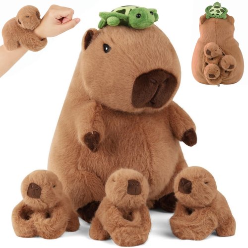 5 in 1 Capybara Plush Large Capybara Stuffed Animal with Babies, 12.8" Mommy Stuffed Capybara Plush Toy with 3 Baby Capibaras Peluches Capybara Plushies Pillow for Kids Birthday Valentines Plush Gifts