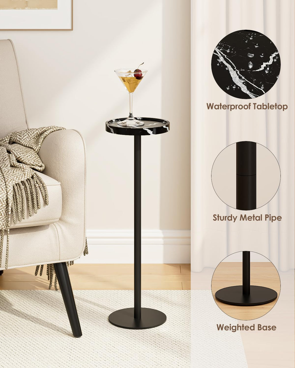 AEPOALUA Drink Table, Small Pedestal Side Table, Round Cocktail Table, Circle Accent End Table with Metal Base, for Small Spaces (1, Black Marble)