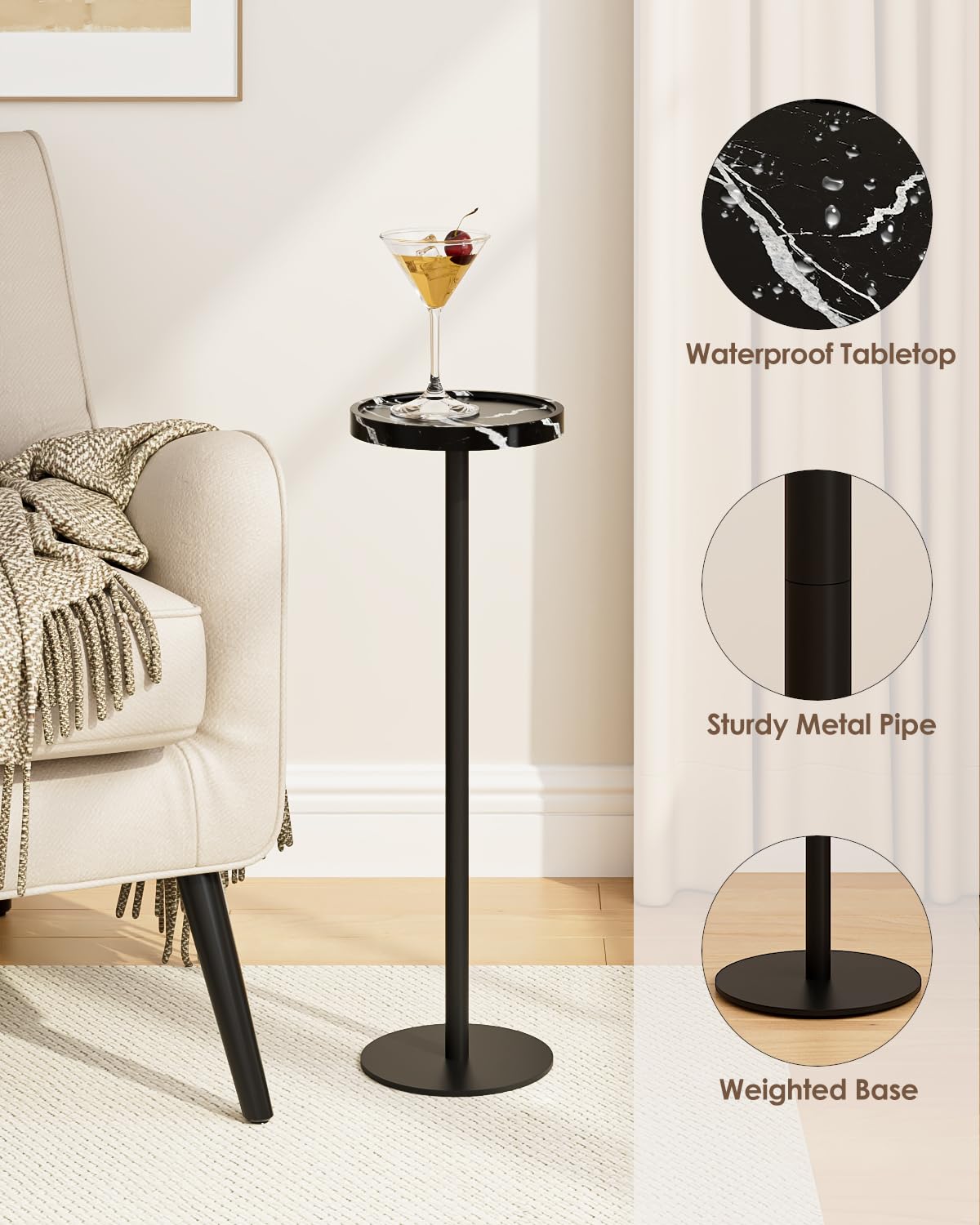 AEPOALUA Drink Table, Small Pedestal Side Table, Round Cocktail Table, Circle Accent End Table with Metal Base, for Small Spaces (1, Black Marble)