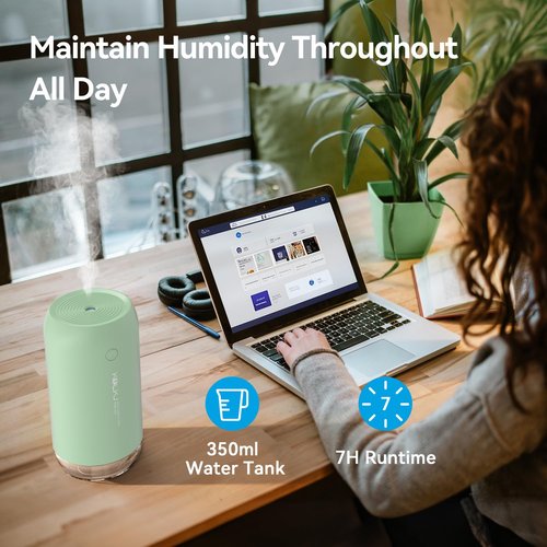 KQLKJ Portable Mini Humidifier, 350ml Small Cool Mist Humidifier for Plants, USB Personal Desktop Humidifier for Bedroom Car Office Travel with Auto Shut-Off & 2 Mist Modes (Green)
