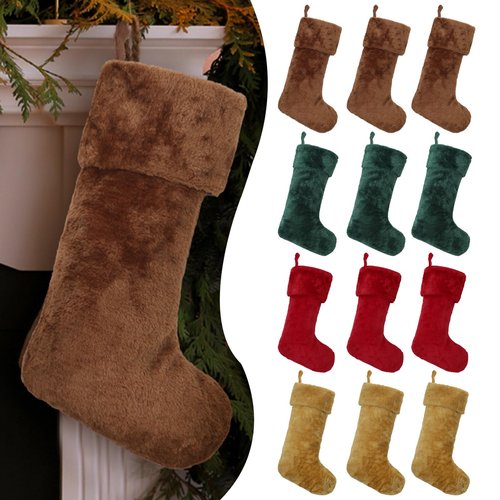 Hoosige 12 Pcs Christmas Stocking 18'' Bulk Thick Plush Fabric Hanging Christmas Stocking Decorations for Xmas Holiday Family Party Tree Fireplace Classic Ornaments (Red,Brown,Khaki,Dark Green)