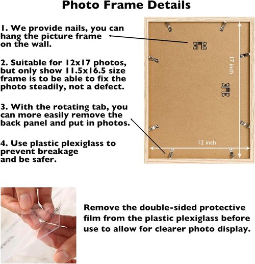 JCJMY 12x17 Picture Frame - Versatile Wall Mounting for Horizontal or Vertical Display | Shatter-Resistant Plexiglass, Natural Finish