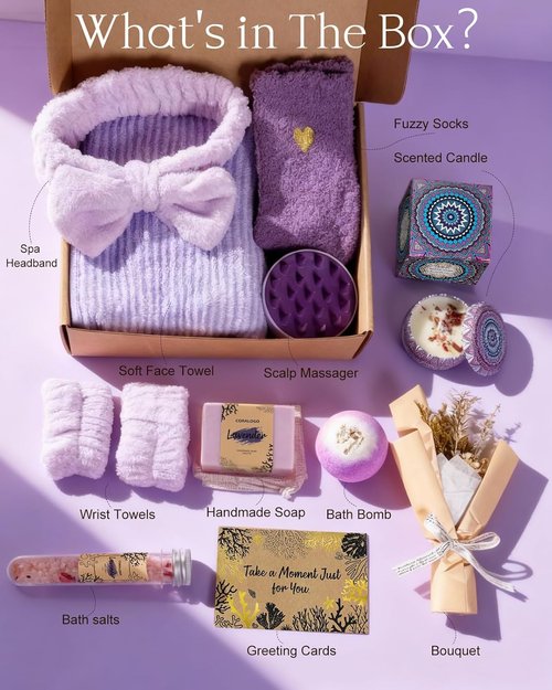 Coralogo Lavender Spa Gift Basket - Natural Pampering Set for Self-Care | 11-Piece Unique Gift for Women