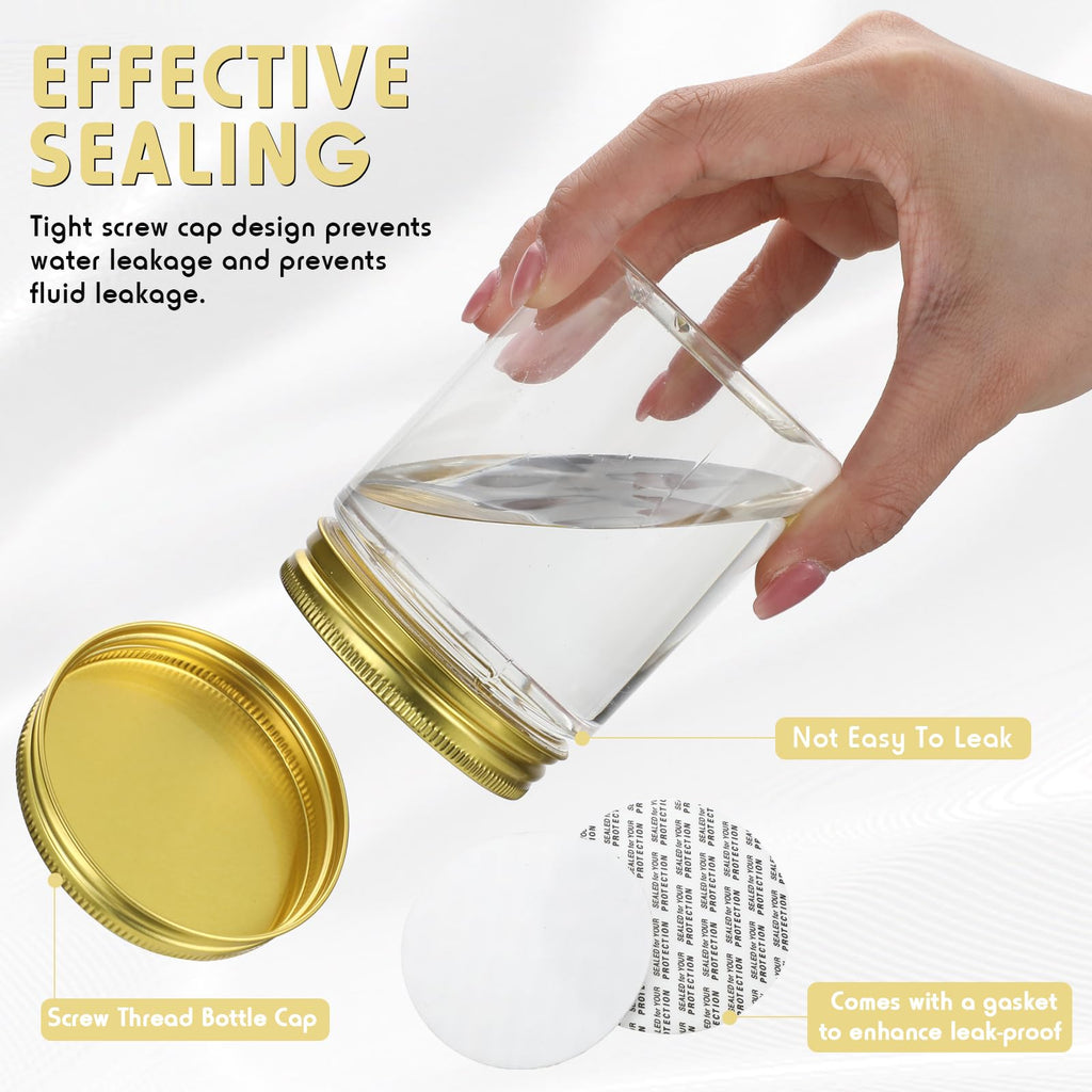 Wesiti 100 Pcs 8 oz Clear Plastic Mason Jars Containers With Screw on Gold Lids Refillable Round Empty Plastic Jars Storage Containers Reusable for Kitchen Household Dry Food Storage Honey Herb Nuts